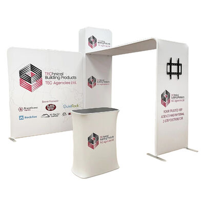 Trade Show Booth Portable Aluminum Tension Fabric Display with Shelves Podium and LED Lighting for Exhibitions and Events