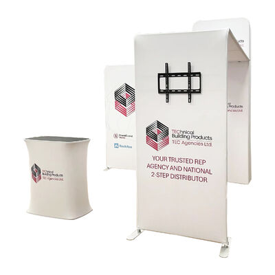 Trade Show Booth Portable Aluminum Tension Fabric Display with Shelves Podium and LED Lighting for Exhibitions and Events