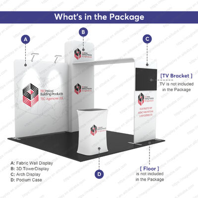Trade Show Booth Portable Aluminum Tension Fabric Display with Shelves Podium and LED Lighting for Exhibitions and Events